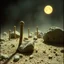 Placeholder: A striking quality close-up Kodak photograph captures a wasteland with odd stones, odd spindle-shaped objects, spooky, creepy, details of the dust very accentuated, glossy, organic, adorned with minerals and rocks, fog. Bathed in feeble light, eerie, Max Ernst style, black sun, fog, volumetric light