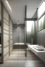 Placeholder: luxus bathroom without bathtub, add a shower, remove the tub, add a shower wall to back wall, add a person to wash with a water shower every shower comes from the ceiling
