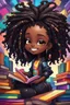 Placeholder: A sassy futurism ABSTRACT colorful art cartoon black chibi girl LOOKING DOWN, surrounded by colorful BOOKS. Looking up coyly, she grins widely, showing her Teeth. Highly detailed black shiny dread locs , regal expression.