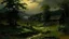 Placeholder: A black dark shadowy Japanese village painted by George Inness