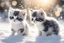 Placeholder: black and white chibi kittens playing in the snow in the sunshine, watercolor and black ink outlines, sparkling golden glitter, ethereal, cinematic postprocessing, bokeh, dof