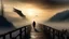 Placeholder: walking straight ahead over a wooden bridge, holding the angel of death with your right hand, entering the fog at the end of the road that leads to the afterlife, a stream from the mountains flows from the right and left, and a beautiful sunset behind the fog, realistic