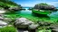 Placeholder: A petite bay enclosed by weathered rocks, the crystalline sea a vibrant green, a small fishing boat anchored offshore, summer season.