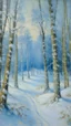 Placeholder: A light blue winter forest with falling snowflakes painted by Claude Monet