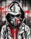 Placeholder: Banksy style. Vibrant and dynamic masterpiece of a hooded and gas masked killer Cyborg, his eyes are intense. Red, white and black colors, full body