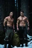 Placeholder: two Handsome and muscular 30 year old shirtless mountain men , dark fantasy, snowy forest