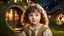 Placeholder: little young hobbit girl toddler, beautiful, confident, calm, wise, happy, innocent, facing camera, head and shoulders, curly hair, hobbit clothing, perfect eyes, LOTR village, hobbit homes with circular windows and circular doors, night scene, stars, fireflies, 16k artistic photography, exquisite composition, photorealistic concept art, soft natural volumetric light, chiaroscuro, award-winning photograph, masterpiece, style William-Adolphe Bouguereau