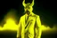 Placeholder: a realistic photo of minotaurus from head to torso wearing flashing yellow tuxedo with blur nuclear bomb test background at night.