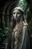 Placeholder: underground grove, with bricks and stones, portrait of Galadriel with pale, ethereal features with long hair that seems to shimmer. She dresses in flowing, dark-colored clothing that accentuates her mysterious aura. photo-realistic, shot on Hasselblad h6d-400c, zeiss prime lens, bokeh like f/0.8, tilt-shift lens 8k, high detail, smooth render, down-light, unreal engine 5, cinema 4d, HDR, dust effect, vivid colors, smoke