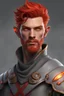 Placeholder: Make a man, wizard, fire genasi, ash-gray skin tones. short fiery red hair and trimmed red facial hair, red eyes