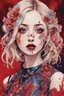 Placeholder: Singer Danish MØ face, blood, guts, wildflower, cosmic, futuristic, iridescent, intricate, behind made background liquid, watercolor illustration by <Katsushika Hokusai>, darkred tones,