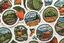 Placeholder: Stickers for a lakeside farmers' market "Good Spirit Market" in a national parks sticker style, featuring illustrations of fresh produce