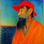 Placeholder: Portrait of OLd Japanese Fishermen, crane bird fishing , sunset, with long beard, on boat, wearing bucket hat, by edvard munch 8k