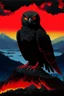 Placeholder: A giant black owl stands above a volcano that is about to erupt. The owl has red stripes all over its body, and it has sharp red eyes like a cat's eyes.