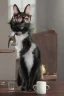 Placeholder: Chat noir en costard avec des lunettes assis à une table avec une tasse de café, ultra réaliste, 4k, haute résolution