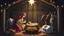 Placeholder: Christian nativity scene in the stable, baby Jesus in manger, Mary, Joseph, cow, donkey, shepherds, night, holy, beautiful, cozy, photograph for Christmas card