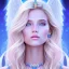 Placeholder: portrait of a beautiful woman with an angel face smiling,long blond hair, blue eyes, pink and blue dress, jewels, soft light aura