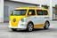 Placeholder: A cool looking modern futuristic 2-tone yellow and white electric vehicle version of an updated Volkswagen microbus with round headlights