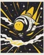 Placeholder: A strange creature flying in space on top of a speeding rocket. It has a head in the shape of a yellow and black circle with yellow edges as well