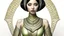 Placeholder: pale alien woman wearing exotic clothing. Black hair bob