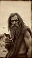 Placeholder: An old picture style of black and white mono very bad quality looks very old camera picture with cracks of a Neanderthal man with long dirty hair and beard wearing an animal skin cloths holding an IPhone the year 1900 in the background from a distance dinosaurs and a landed ufo machine