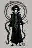 Placeholder: black haired young man necromancer wizard with gothic jewelry and tentacle fingers in the style of H. R. Geiger