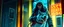 Placeholder: frankie picks up and carries rasta bad ass criminal cyberpunk bard into hi tech glass elevator, he give a thumbs up with blue driving glowes, holding an angry eskimo dog on a leash