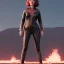 Placeholder: retro sci-fi portrait image from 1960, supermarket parking explosion, fire, classic black widow, young Scarlett Johansson, classic tight lycra suit, retro superhero style, soft color, highly detailed, unreal engine 5, ray tracing, RTX, lumen lighting, ultra detail, volumetric lighting, 3d, finely drawn, high definition, high resolution.