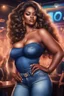 Placeholder: create an airbrush illustration of a curvy black female wearing Tight blue jeans and a peach off the shoulder blouse. Prominent make up with long lashes and hazel eyes. She is wearing brown feather earrings. Highly detailed long black shiny wavy hair that's flowing to the side. Background of a night club.