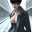 Placeholder: A beautiful slender scantily clad young Asian woman with short black hair and a black trench coat, waiting for a man at night at a train station in London