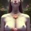 Placeholder: 3d smilling woman,topless, full body and face shown, 32K, intricately detailed, plants, flowers, colorful, rtx, unreal engine 5, art nouveau, clouds, smoke, square type face