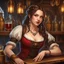 Placeholder: A looking young woman with pale skin and long brown hair in a fantasy tavern setting with intricate details. She is smirking, a tavern wench bartending, has intense red eyes, intimidating presence. High definition.