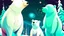 Placeholder: fantasy cartoon illustration: polar bear, Artic white fox and reindeer are looking Norther lights during Christmas party