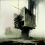 Placeholder: Contemporary abstract painting of Lebbeus Woods brutalist architecture in a wasteland techno decaying landscape. Hazy foggy sky. Concrete ground. Exposed twisted concrete and wires. Style Justin Mortimer and JMW Turner.