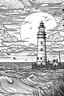 Placeholder: Coloring book lighthouse at the beach in the sunset. Ships are on the water. Coloringbook realistisc, black white, only black outlines