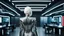 Placeholder: picture from behind the human android female with short white hair, white albino skin , she wearing black-silver-white colors futuristic fashion cloths, full body, she walking in high-tech futuristic office, sci-fi mood, ultra detailed, high contrast, Professional photography