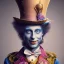 Placeholder: "Mad Hatter" book young man character of "Alice in the wonderland".Detailed face, detailed eyes, blue eyes, Realistic lighting,, elegant dress,sarcastic smile,big top hat,.behance contest winner, generative art, baroque, intricate patterns, fractalism, movie still, cartoon.style by Disney,Chie Yoshii,earnst haeckel,james jean.