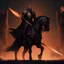 Placeholder: A tall, black-armored knight sits majestically on a huge, black warhorse. In his right hand he holds a flaming sword that illuminates the night darkness. Before him rises the silhouette of an ancient castle, its battlements bathed in orange fire. Sparks fly in the air as the walls glow with flames. The knight looks fierce, ready to go into battle and fight evil. His horse prances restlessly, scenting the fight. Medieval siege weapons and torches can be seen in the background, bathing the s