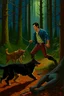 Placeholder: 1970's dark fantasy cover dnd style oil painting of jerry seinfeld killing a wolf in the woods in sport outfits with minimalist far perspective.