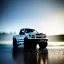 Placeholder: photorealistic shot, Toy R C truck, monotone color palette, sharp focus, puddle reflection, refraction, mist on the horizon, shadowcast, detailed and intricate, intense cinematic composition