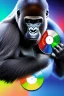 Placeholder: action shot of a Gorilla with headphone mixing two CDs with big Dj controller, Fractal art, tshirt vector, enclosed in a rectangle, vivid colours, sunshine, contour, white background