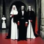 Placeholder: [high res colourful photo by Helmut Newton] Dracula introduces you: sister Bloody Mary, he stands with a pervert smile behind the nun, she is terribly bloody and has pointed canine fangs