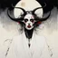 Placeholder: [art by Ralph Steadman] Pale Demonic Woman in open White Robes With Black Curved Horns and carmin lips. Ethereal Moonlight. Beautiful; Tragic; Delicate; Nightmarish; Eldritch; Detailed; Complex