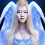 Placeholder: portrait of a beautiful mongolian woman with an angel face smiling,long blond hair, blue eyes, pink and blue dress, jewels, soft light aura