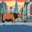 Placeholder: A one-year-old boy rides on the cow in the middle of a busy street in new york. photographic, bright colors and sunset, fantasy art, Anna Dittmann, digital painting, dan mumford, oil on canvas, jeff koons, akihito yoshida, wlop, kodachrome.