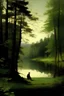 Placeholder: A lonely man in front of a lake in a forest, by Le Titien
