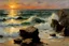 Placeholder: Amazing sunset, rocks, sea, waves, seashore, sand, alfred stevens, and hans am ende impressionism paintings