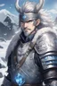 Placeholder: in anime style,1older man, a older man with blue eyes and black hair man in silver Viking armor with fur around the neck with blue crystal on his chest holding an axe in his hands standing on a pirate ship in the artic, warrior in anime style,