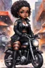 Placeholder: Create a watercolor image of a chibi curvy black female wearing a biker's coat and boots with black tights. Prominent make up with hazel eyes. She is sitting on a big Harley Davidson motorcycle at a bike show.