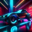 Placeholder: Create a 3D render style poster featuring a little RC Cart close-up, standing in front of a V12 engine luxury car. The background milieu is futuristic and synth wave-inspired. The viewing angle is unlike the original because it is seen from the side.